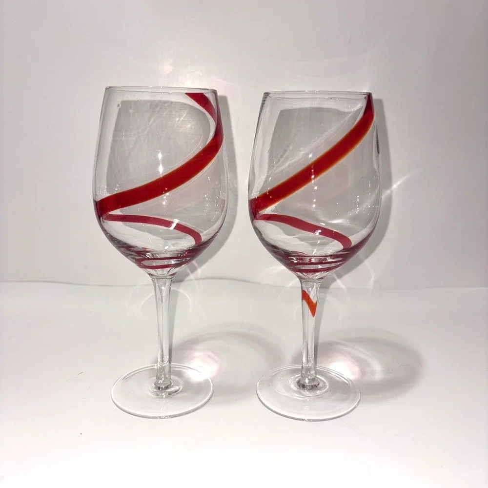 Pier 1 Import Cobalt Red Swirl Line Wine Goblet Glass 20oz Set of 2 Hand Blown